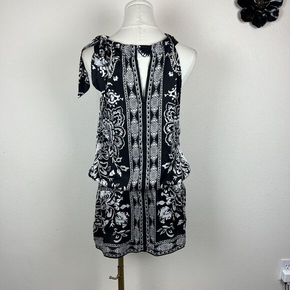 White House Black Market Top Womens Medium Black Silk Floral Boho Whimsigoth - Picture 2 of 7